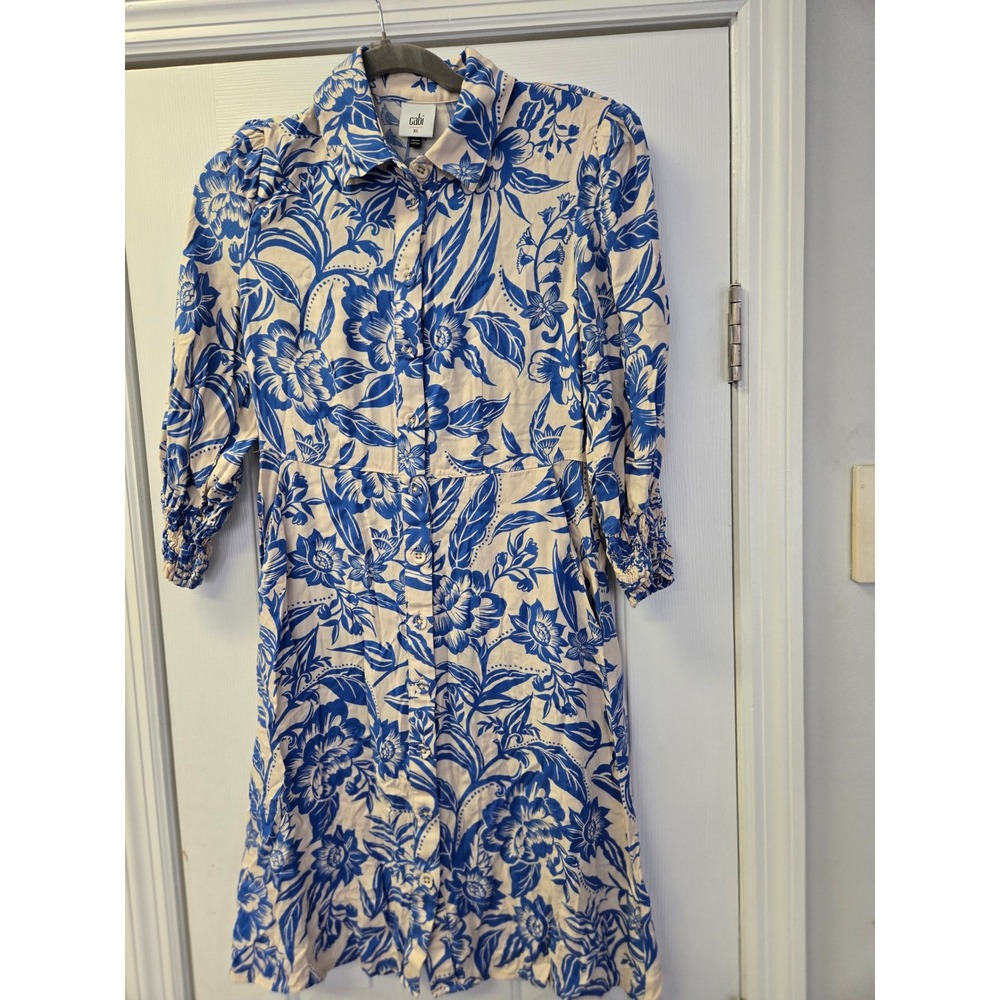 Cabi Blue Cream Floral Toile Button Front Shirt Dress XS Smocked Coastal
